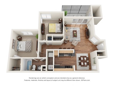 Floor plan for 2 beds, 1 bath, 845 sqft